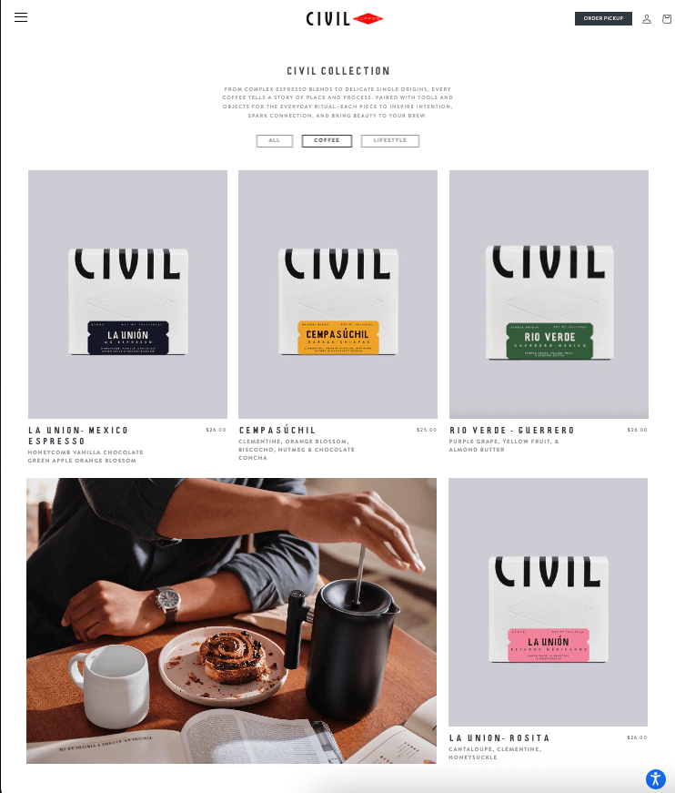 Civil coffee product page