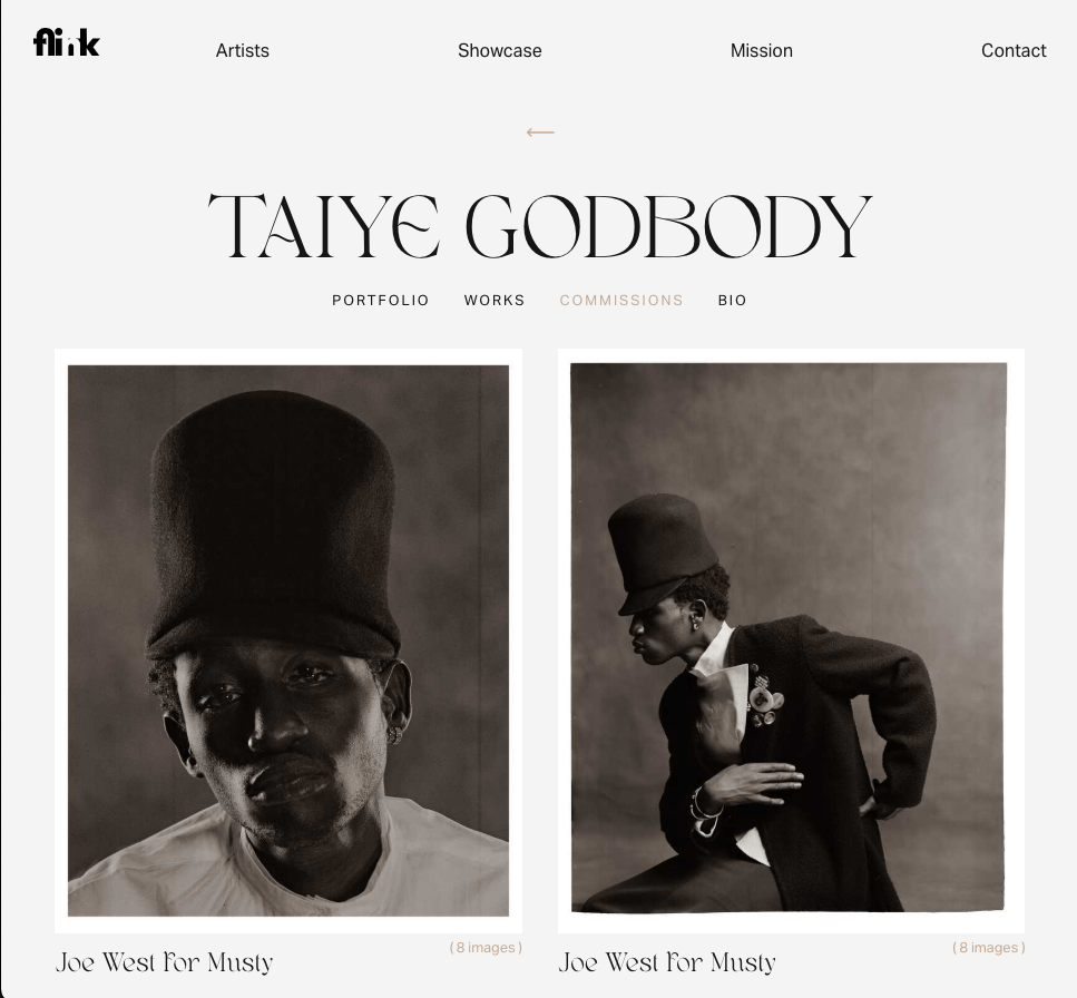 View of artist portfolio grid layout with vertical images