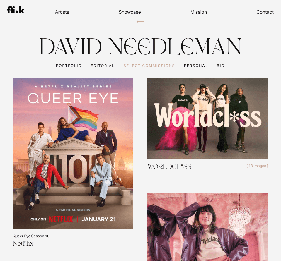 View of artist portfolio grid layout with both horizontal and vertical images