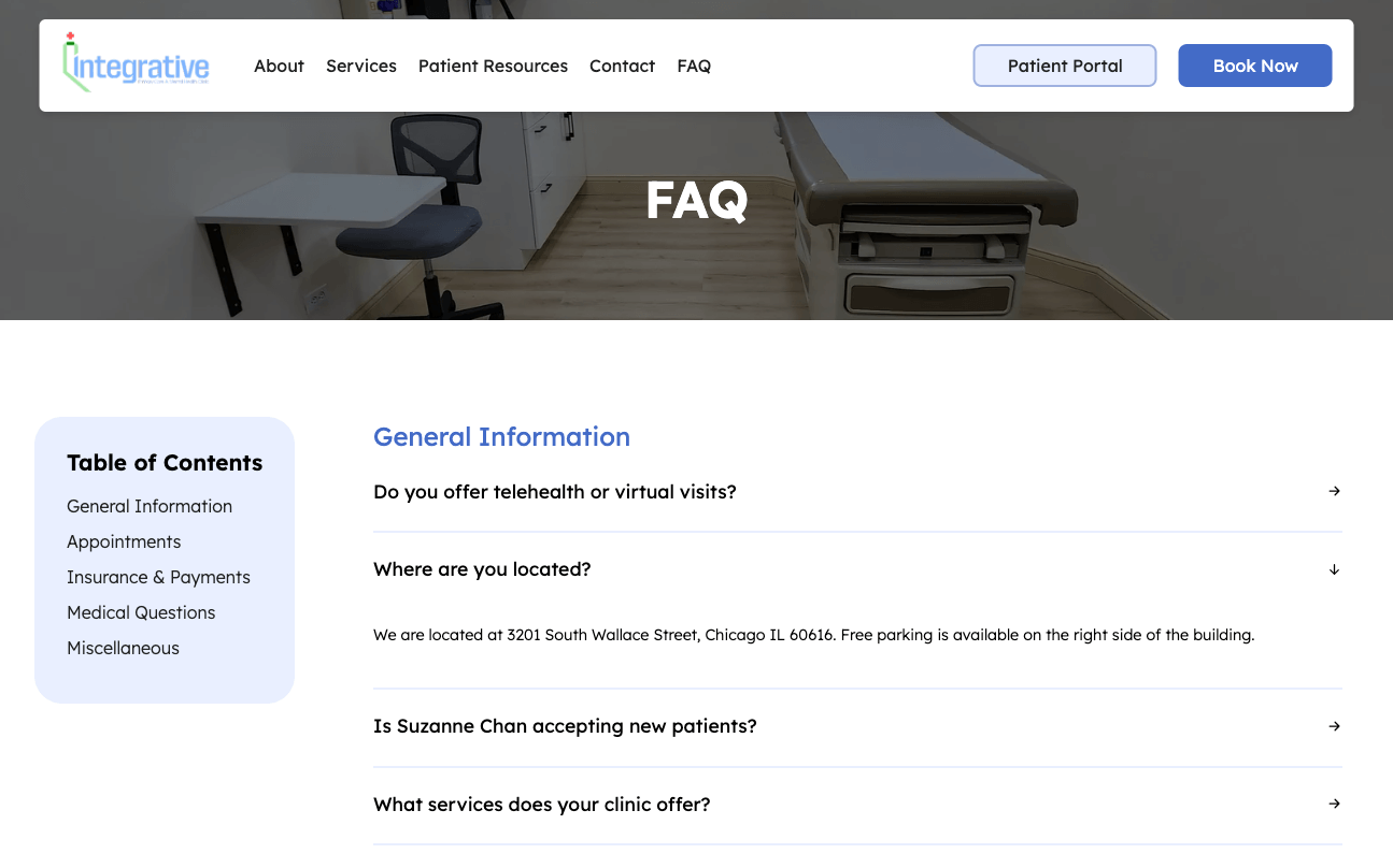 FAQ page for Integrative Clinic